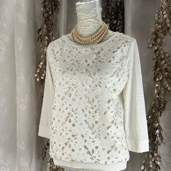 Loft Women’s Medium Ivory Lace Crochet Front 3/4 Sleeve Pullover Top Boho Casual - Picture 1 of 9